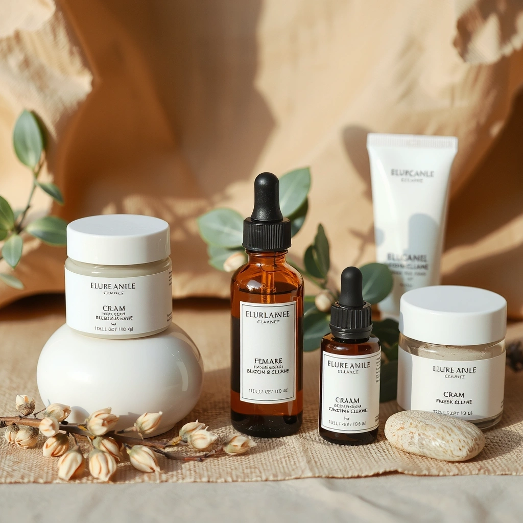 Premium skincare product bottles and jars arranged elegantly